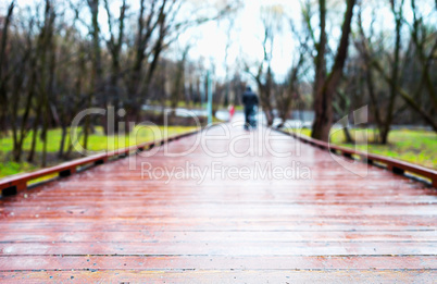 Horizontal wooden path in park bokeh background