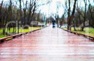 Horizontal wooden path in park bokeh background