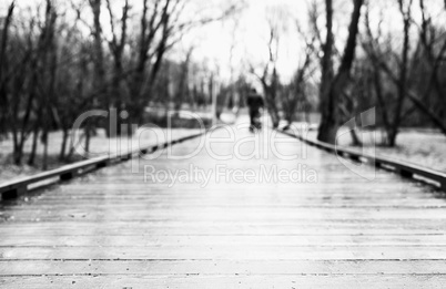 Black and white wooden path in park bokeh background