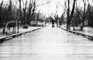 Black and white wooden path in park bokeh background