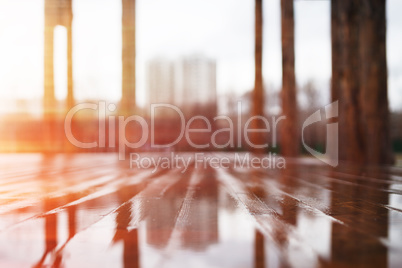 Horizontal wooden scene in park bokeh background