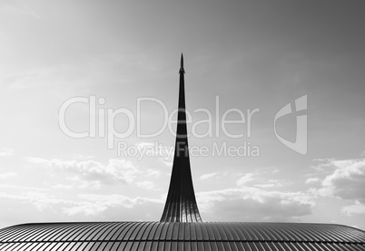 Vertical black and white space rocket stella in Moscow background
