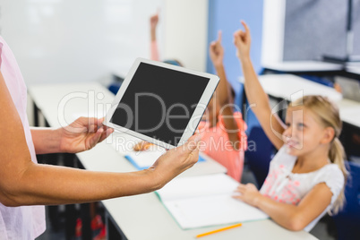 Close up view of tablet pc holding by a teacher