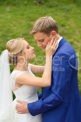 Newlyweds on a walk in the countryside