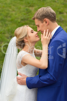 Newlyweds on a walk in the countryside