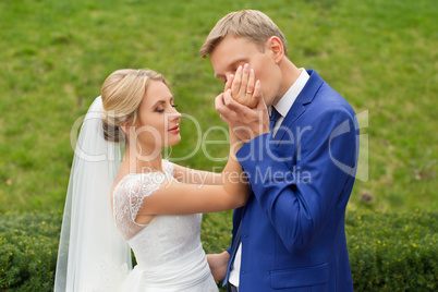 Newlyweds on a walk in the countryside