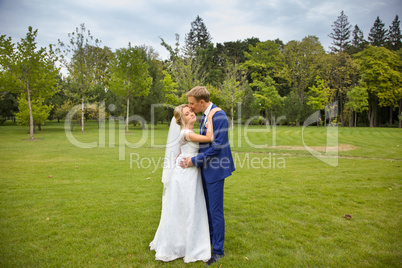 Newlyweds on a walk in the countryside