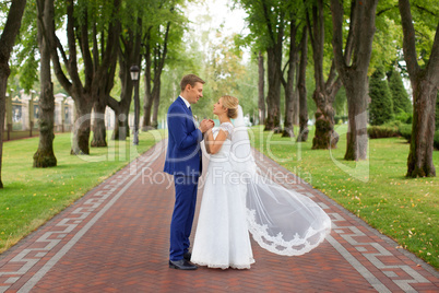 Newlyweds on a walk in the countryside