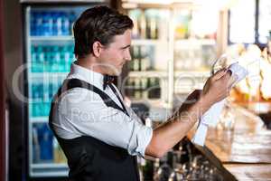 Bartender cleaning wineglass