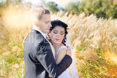 the groom gently embraces and kisses the bride