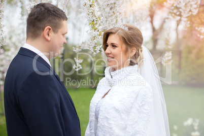 Walking bride and groom in nature