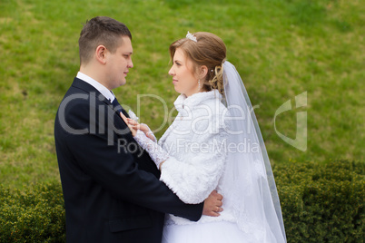 Walking bride and groom in nature