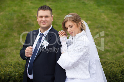 Walking bride and groom in nature