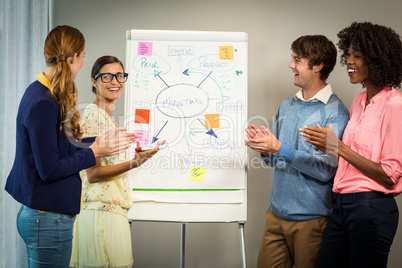 Coworkers discussing on white board