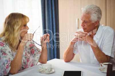 Senior couple discussing around a table