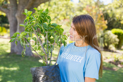 A volunteer woman holding plant