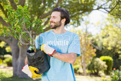 A volunteer man holding plant