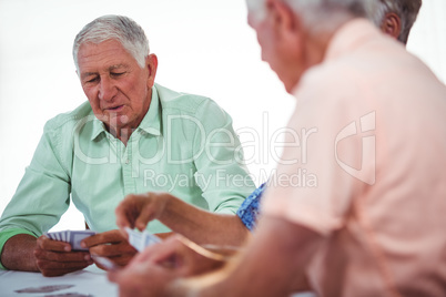 Smiling seniors people playing cards