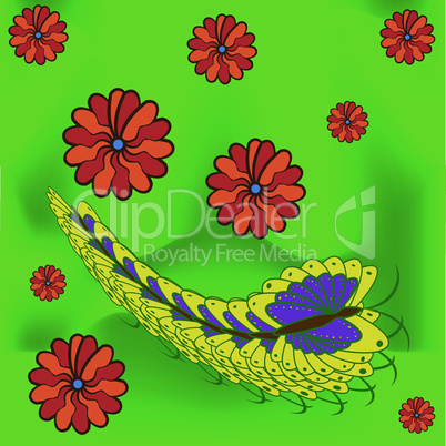 greeting card with butterfly, caterpillar and flowers. greeting card with butterfly, caterpillar and flowers on green summer grass