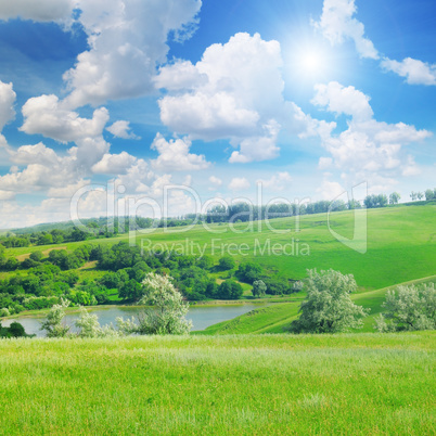 picturesque green field and blue sky