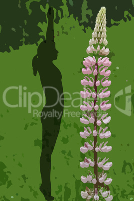 Frau mit Lupine in Yoga Position