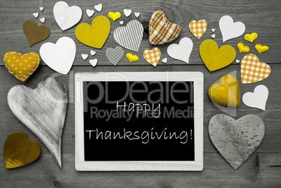Chalkbord With Many Yellow Hearts, Happy Thanksgiving