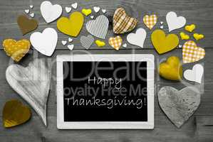 Chalkbord With Many Yellow Hearts, Happy Thanksgiving