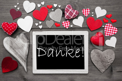 Chalkbord With Many Red Hearts, Danke Means Thank You