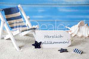 Summer Label With Deck Chair, Willkommen Means Welcome