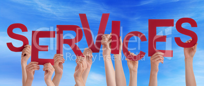 Many People Hands Holding Red Word Services Blue Sky