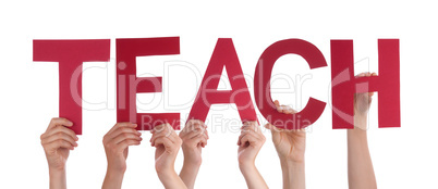 Many People Hands Holding Red Straight Word Teach