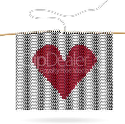Knitted heart on needles. Valentine day holiday. Vector handmade pattern. Abstract ornamental background. Illustration texture.