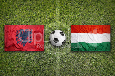 Albania vs. Hungary flags on soccer field