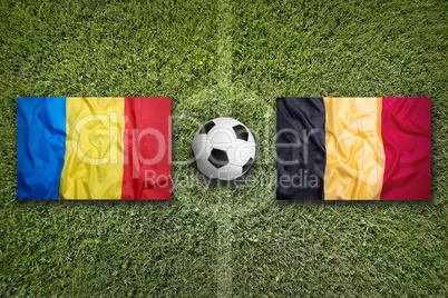 Romania vs. Belgium flags on soccer field