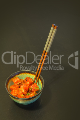 Poke lunch bowl of spicy raw tuna sushi