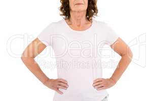 Cropped image of woman wearing white ribbon with hand on hip