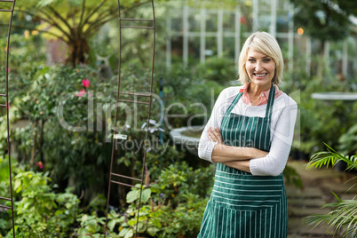 Confident mature gardener standing by plants