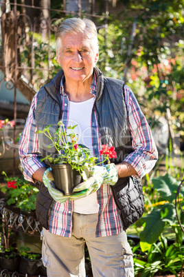 Portrait of confident gardener holding potted plant at garden