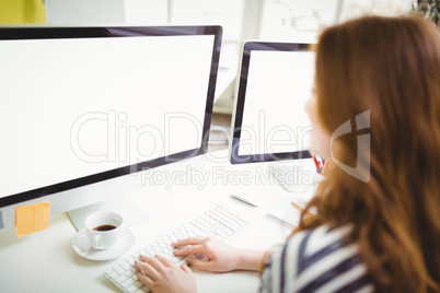 High angle view of businesswoman working