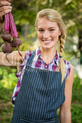 Portrait of happy gardener with beets at garden