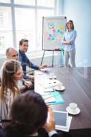 Smiling businesswoman with coworkers in meeting room