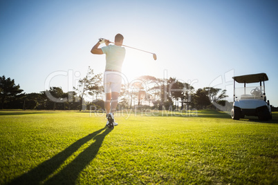 Rear view of male golfer taking shot