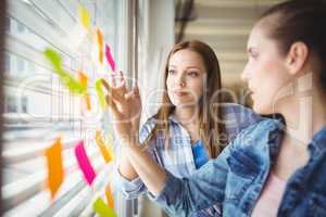Young bbusinesswomen discussing over adhesive notes on window