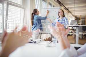 Businesswoman giving presentation with colleague in creative off