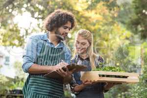 Man writing on clipboard while gardener holding plants