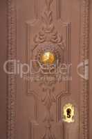 Goldy doorknob on wood