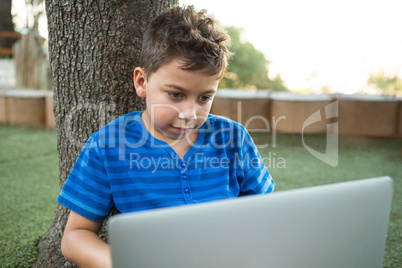 Boy using laptop at park