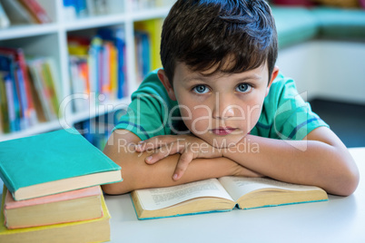 Elementary boy with book in school library