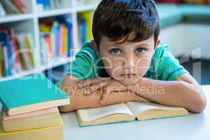 Elementary boy with book in school library