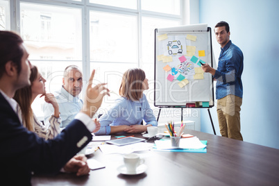 Speaker calling colleague with hand raised during meeting